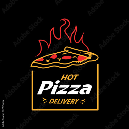 Pizzeria Vector Emblem on blackboard. Pizza logo template. Vector emblem for cafe, restaurant or food delivery service.