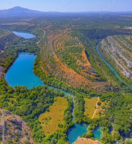 Aerial view of the Brljan lake located downstream of Bilusic buk on the exit from canyon of Krka River in Promina County.