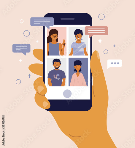 Video call between friends, chatting online by mobile app. Stay at home, work, communication remotely. Hand holding smartphone. Group of people on device screen. Internet messenger vector illustration