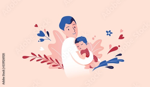 Vector Illustration Of Father Holding Baby Son In Arms. Floral Background.