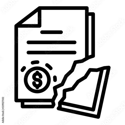 Cracked money papers icon. Outline cracked money papers vector icon for web design isolated on white background