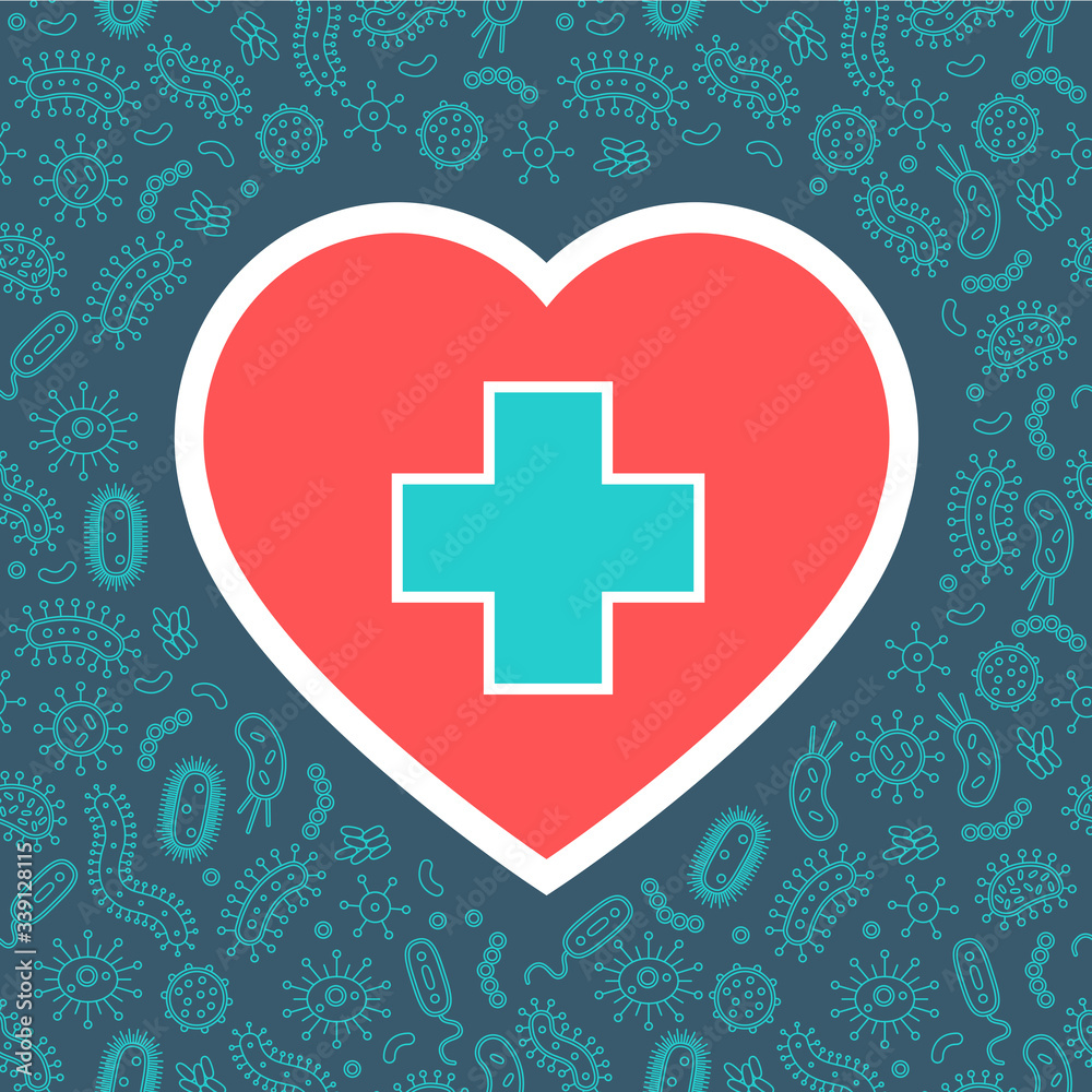 Fototapeta premium hygienic heart protecting from virus, germs and bacteria. Flat style vector illustration. Red, white, green and dark blue 