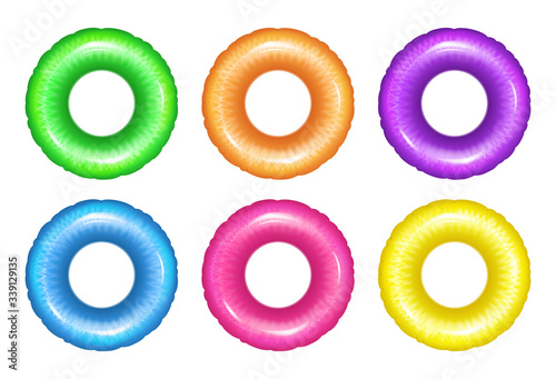 Vector realistic rubber ring isolated on white. Swim ring of six different colors, set. EPS 10