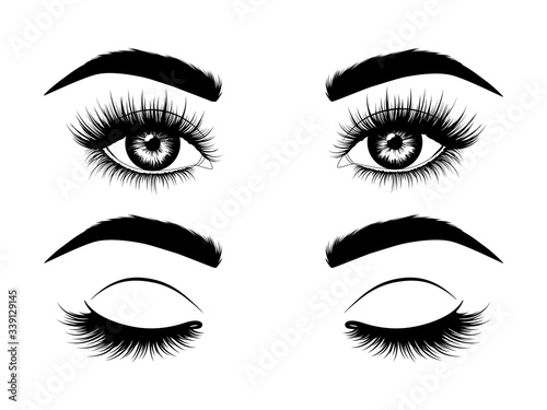 Fashion illustration. Black and white hand-drawn image of beautiful open and closed eyes with eyebrows and long eyelashes. Vector EPS 10.