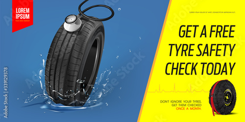 Tyre poster GET A FREE TYRE SAFETY CHECK TODAY.Discount. Black rubber tire. Realistic vector tyre car. Information. Store. Action. Landscape poster, digital banner, flyer, booklet, brochure and web.