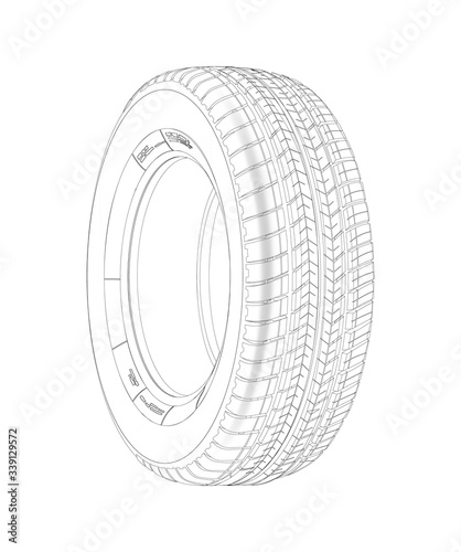 Wheel linear vector car tyre. Vector thin line illustration of wheel. Realistic Rendered tire. Wire-frame style. The layers of visible and invisible lines are separated. Tyre lineart outline blueprint