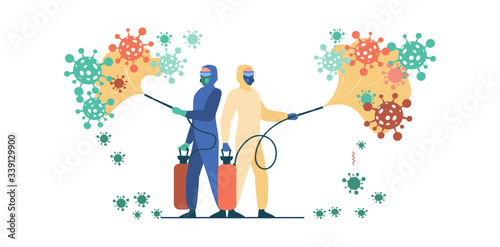 Sanitary workers in protective suits spreading chemicals on virus and disinfecting surface. Vector illustration for coronavirus epidemic, bio hazard, disinfection concept