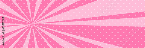 Cartoon retro pop art banner with sunbeam, dots on a pink banner and the sun's rays , vector illustration
