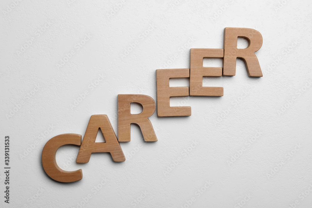 Word CAREER made with wooden letters on white background, flat lay Word CAREER made with wooden letters on white background, flat lay