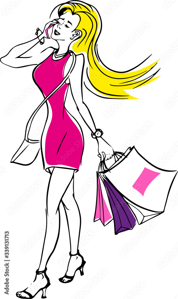 Girl with shopping bags talking the mobile phone sketch Girl with shopping bags talking the mobile phone sketch