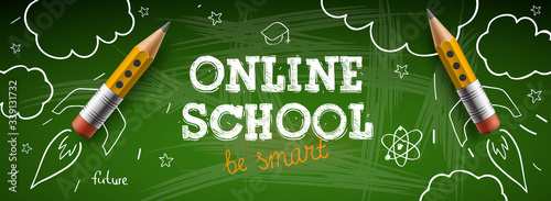 Online School. Digital internet tutorials and courses, online education, e-learning. Web banner template for website and mobile app development. Doodle style vector illustration.