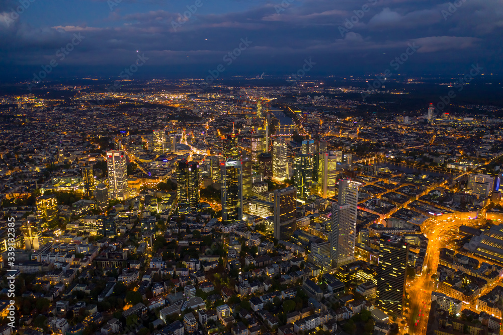 Incredible Aerial View over Frankfurt am Main, Germany Skyline at Night with City Lights