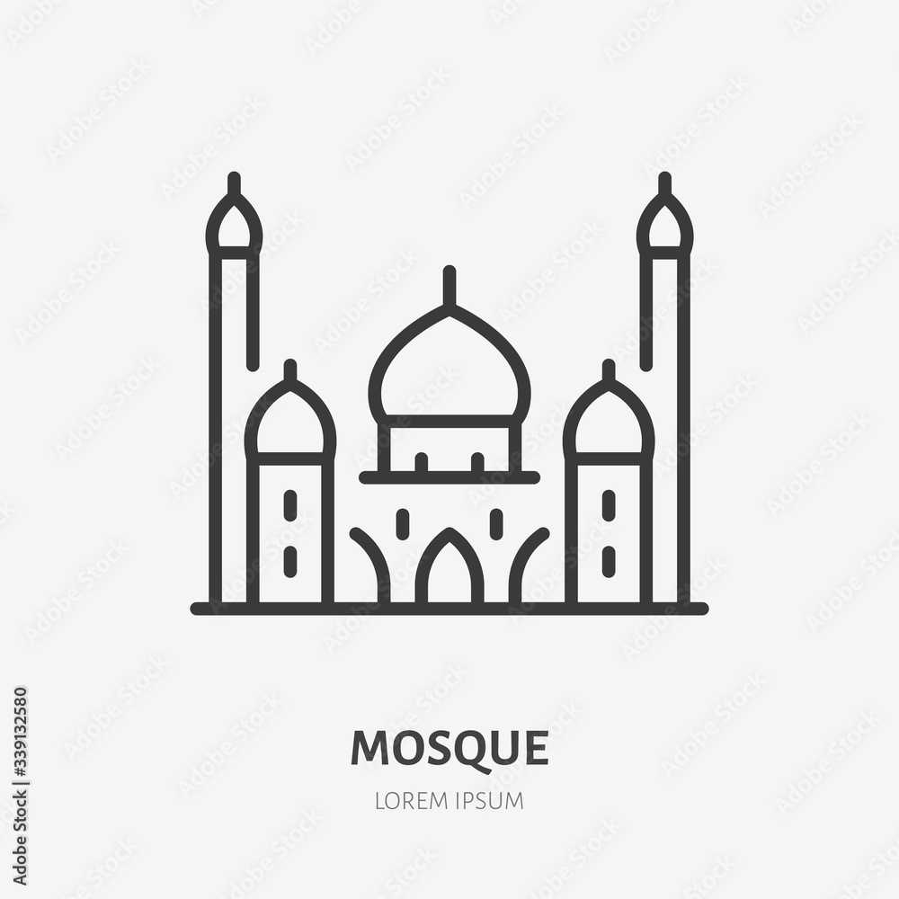 Mosque line icon, vector pictogram of muslim minaret building. Religious house illustration, sign for islamic logo