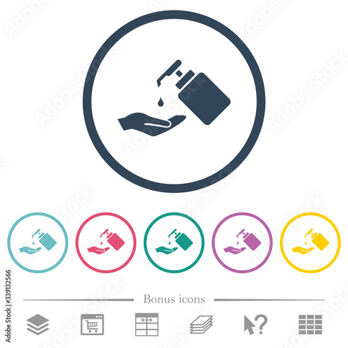 Hand washing with liquid soap flat color icons in round outlines