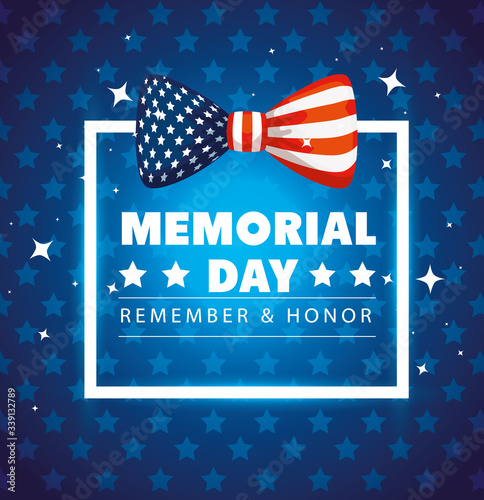memorial day with square frame and bow ribbon decoration vector illustration design