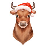 Cute llustration of Bull isolated on white. New year card