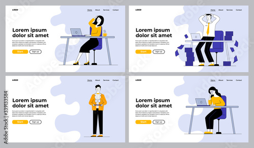 Office workers in troubles set. Employee panicking at workplaces, waiter with glasses. Flat vector illustrations. Business, problem, job, error concept for banner, website design or landing web page