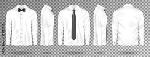 Blank White shirt with black tie and bow tie isolated. Realistic Men shirt mockup with long sleeves front, side, back view. Vector illustration