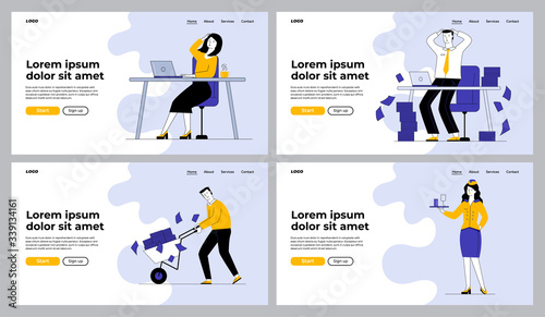 Office job troubles set. Employees failing paperwork, stewardess holding tray with drink. Flat vector illustrations. Business, management, error concept for banner, website design or landing web page