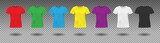 Set of Realistic colored t-shirt mockup. Red, green and blue men t shirt clothes. Different colors sportswear template isolated. Vector illustration