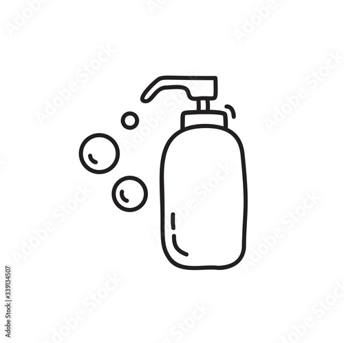 Vector monoline soap gel bottle logo icon with bubbles. Simple element illustration for coronavirus covid-19. Personal hygiene and disinfection notice