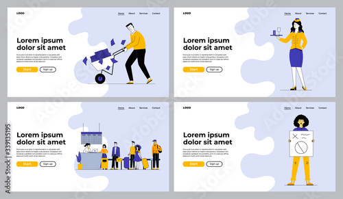 Work, travel, protest activities set. Manager with pile of papers, tourists in airport, protester. Flat vector illustrations. Tourism, service concept for banner, website design or landing web page