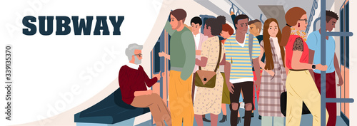 Old man sitting in subway train car full of people. Take care for elderly. Overcrowded underground or metro. Problem  of city overpopulation and urban transportation. Flat cartoon vector illustration.