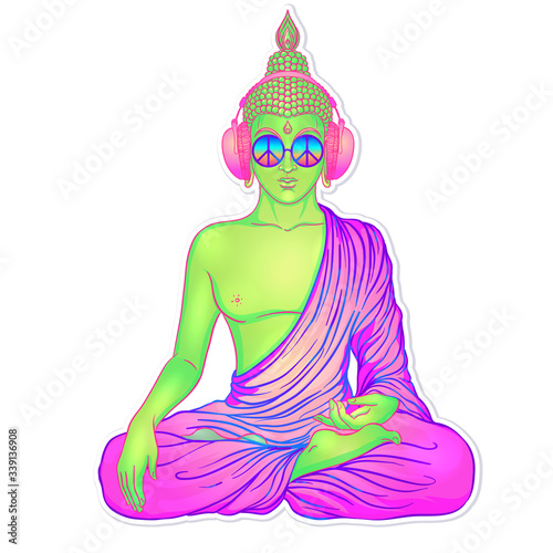 Peace and Love. Colorful Buddha in rainbow glasses listening to the music in headphones. Vector illustration. Hippie peace sign on sunglasses. Psychedelic concept. Buddhism, trance music. Esoteric art
