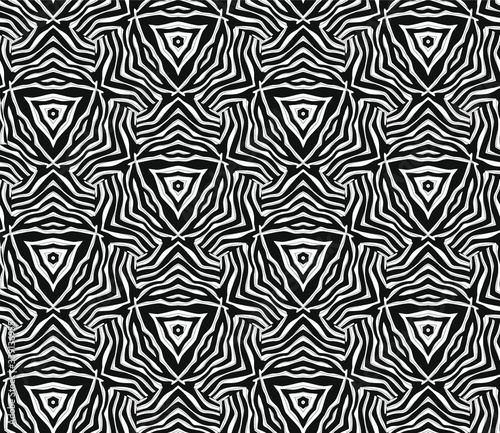 Kaleidoscope Zebra pattern with thin lines. Unusual abstract background. Minimal Black and white. Seamless Vector illustration graphic