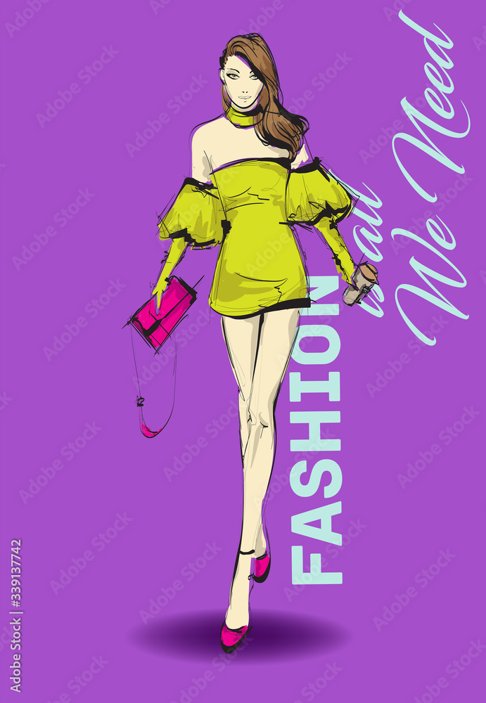 Beautiful young woman in modern style. Hand drawn stylish woman portrait. Fashion lady. Festive outfit. Sketch. Fashion model posing in dress. Hand drawn fashion woman. Beautiful young woman in modern style. Hand drawn stylish woman portrait. Fashion lady. Festive outfit. Sketch. Fashion model posing in dress. Hand drawn fashion woman.