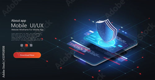 Isometric mobile phone and internet banking. Transfer money from card. smartphone and bank card on dark background. Phone data protection. Mobile payment protection. Vector illustration