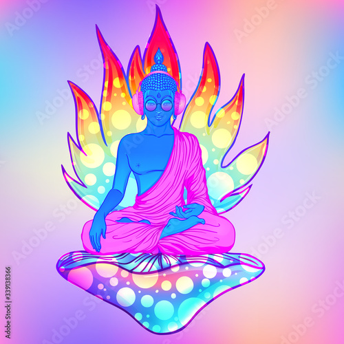 Colorful Buddha in rainbow glasses listening to music in headphones. Vector illustration. Hippie peace sign on sunglasses. Psychedelic mushrooms. Buddhism, trance music. Esoteric art