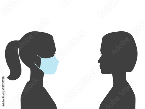 Vector silhouettes of 2 women. The first woman wearing medical mask and another woman is not wearing a mask. Conceptual illustration for posters and health promotional materials.