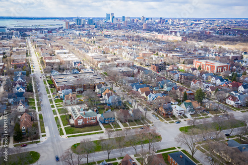 Aerial view of Milwaukee Wisconsin featuring downtown skyline and Lake Michigan