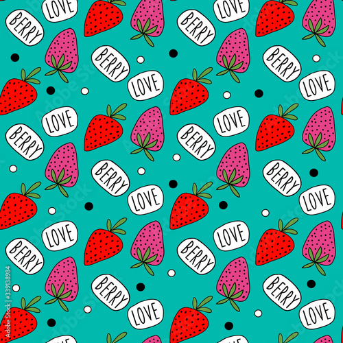 Beautiful red and pink strawberries on green background with text "Berry Love". Vector seamless pattern in cartoon style. Simple vector design for fabric, textile, prints, packaging, scrapbooki