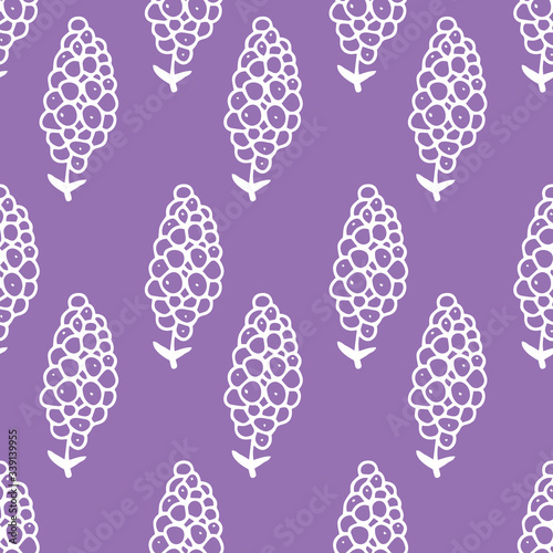 Abstract white decorative berry with leaves ornament on purple background. Mulberry doodle illustration. Vector seamless pattern. Simple vector design for fabric, textile, wrap, scrapbooking.