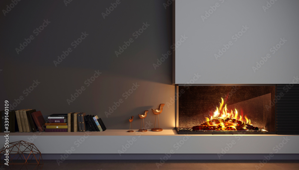 Modern glass corner fireplace wall in the interior Stock Illustration