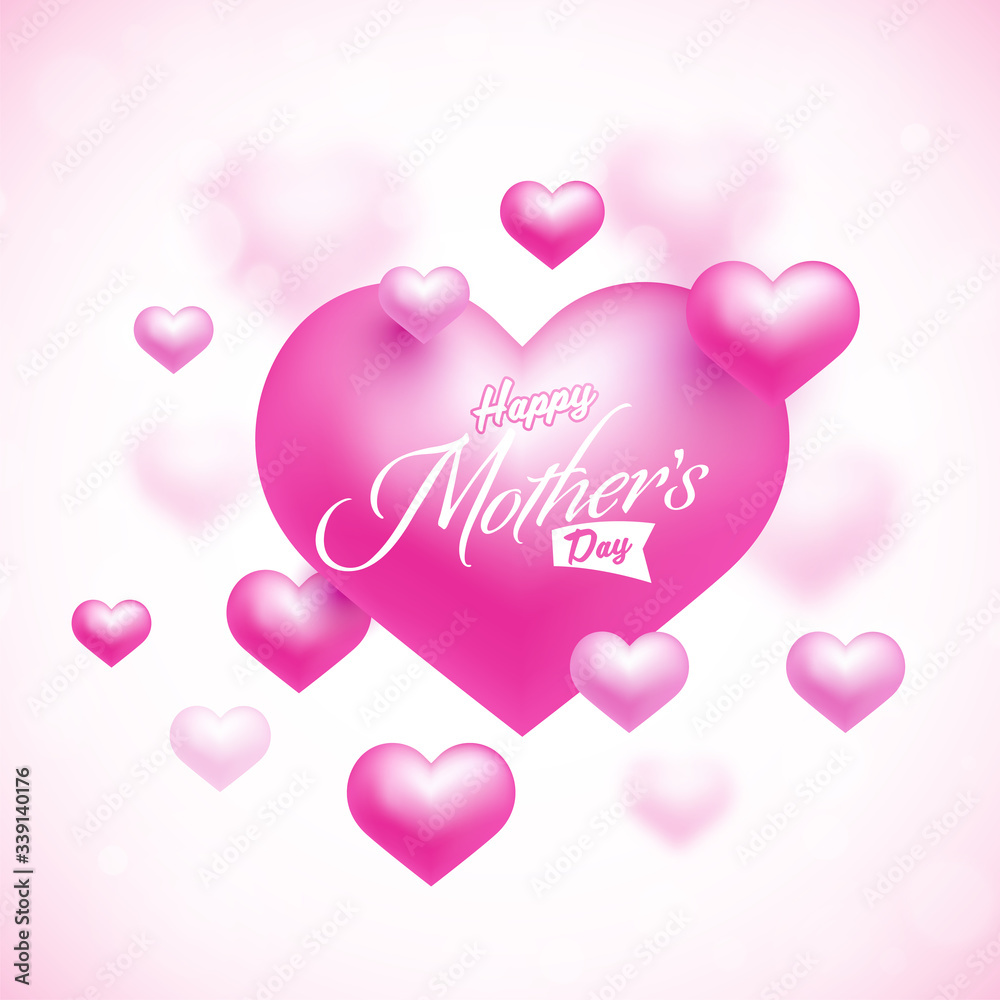 Happy Mother's Day Concept with Shiny Pink Heart Shapes.