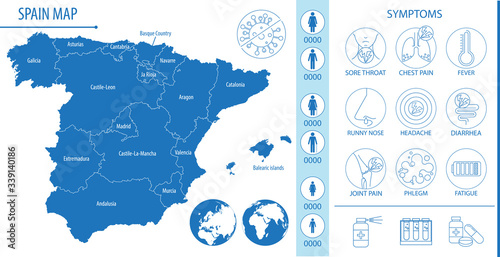 Map of Spain with pictograms and icons of symptoms, Covid-19 and other respiratory diseases, vector illustration for infographics and posters