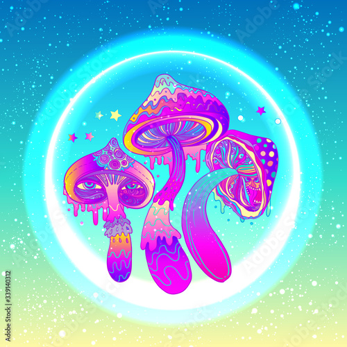 Magic mushrooms over sacred geometry. Psychedelic hallucination. Vibrant vector illustration. 60s hippie colorful art.