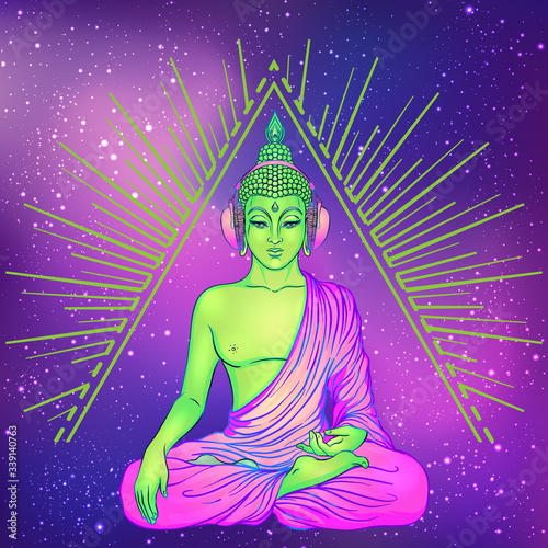 Peace and Love. Colorful Buddha in rainbow glasses listening to the music in headphones. Vector illustration. Hippie peace sign on sunglasses. Psychedelic concept. Buddhism, trance music. Esoteric art