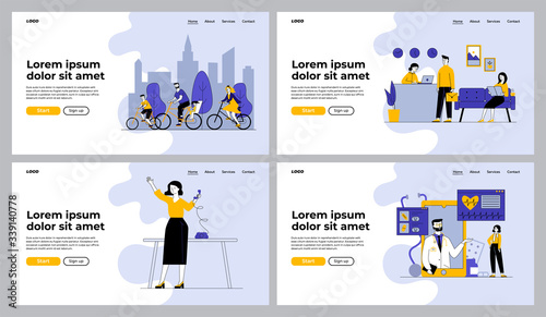 People riding bikes, checking into hotel set. Online medical consultation, office worker. Flat vector illustrations. Communication, lifestyle concept for banner, website design or landing web page
