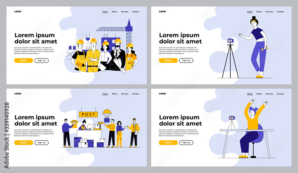 Different jobs set. Vlogger training body on camera, construction team, post office. Flat vector illustrations. Online and offline occupation concept for banner, website design or landing web page