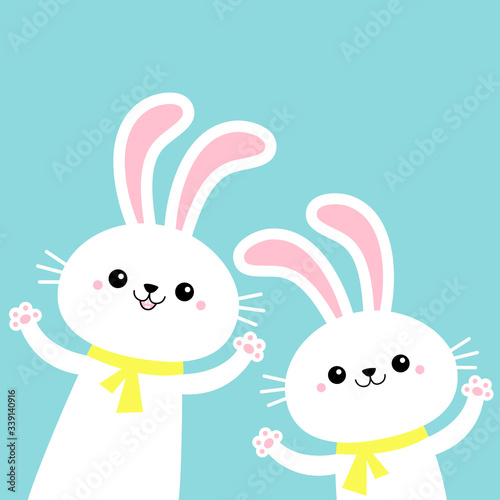 Two bunny rabbit set waving paw print hand. Happy Easter. Cute cartoon kawaii funny baby character. Yellow scarf. White farm animal. Blue background. Isolated. Flat design