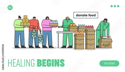 Food Donation Concept. Website Landing Page. Men And Women Donate Food Supply To The Charitable Organization To Help Needy Poor People. Web Page Cartoon Linear Outline Flat Style. Vector Illustration