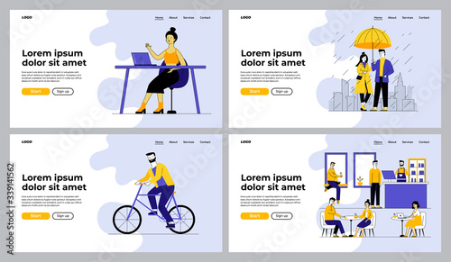Leisure and activities set. People walking outdoors, riding bike, visiting cafe. Flat vector illustrations. Lifestyle, communication concept for banner, website design or landing web page