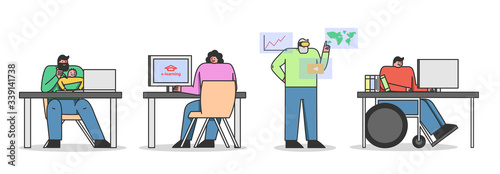 Elearning, Online Exam, Online Testing Form Concept. People Have Remote Online Courses. Characters Use Modern Technologies For Online Self Education. Cartoon Linear Outline Flat Vector Illustration