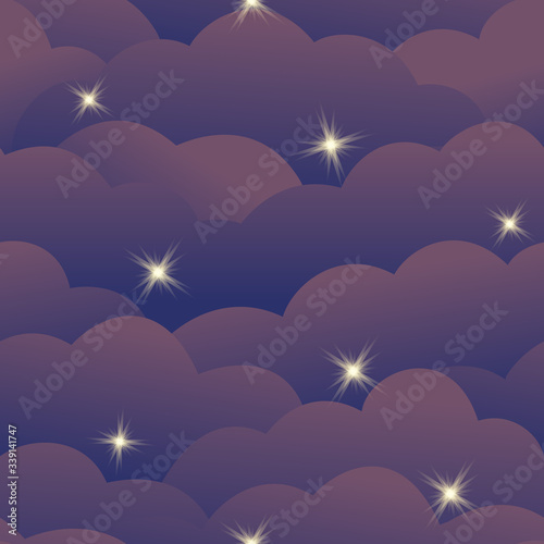Blue night sky with stars. Cartoon cloudy. Landscape with clouds. Seamless pattern. Vector illustration.