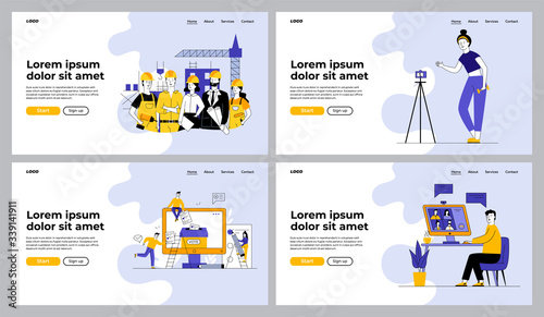 Online and offline communication set. Builders group onsite, online fitness training, voting. Flat vector illustrations. Job, internet concept for banner, website design or landing web page