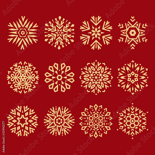 Snowflakes icon collection. Graphic modern red and gold ornament